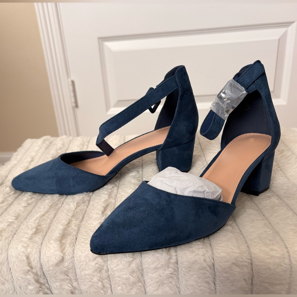 ZBY Chic Blue Suede Block Heel Pumps